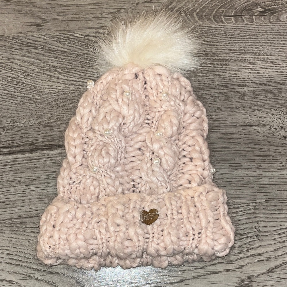Betsey Johnson Blush Knit Beanie with Faux Fur Pom